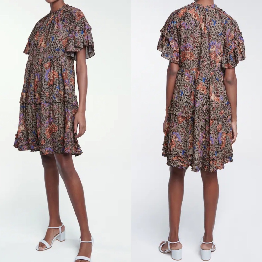 Ulla Johnson Delia Floral Jet Dress Knee length swing cut flutter sleeve